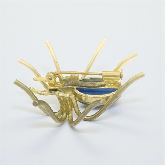 Antique-Vintage Art Deco Tall Brass & Lapis Lazuli Glass Cabochon Spider Brooch - Picture 8 of 10